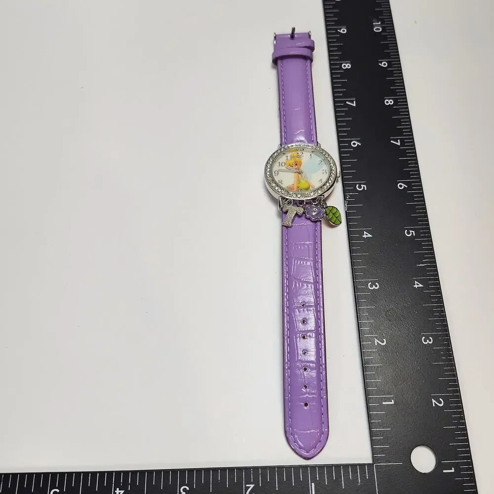Disney Tinker Bell Charm Watch Purple Strap Rhinestone Bezel